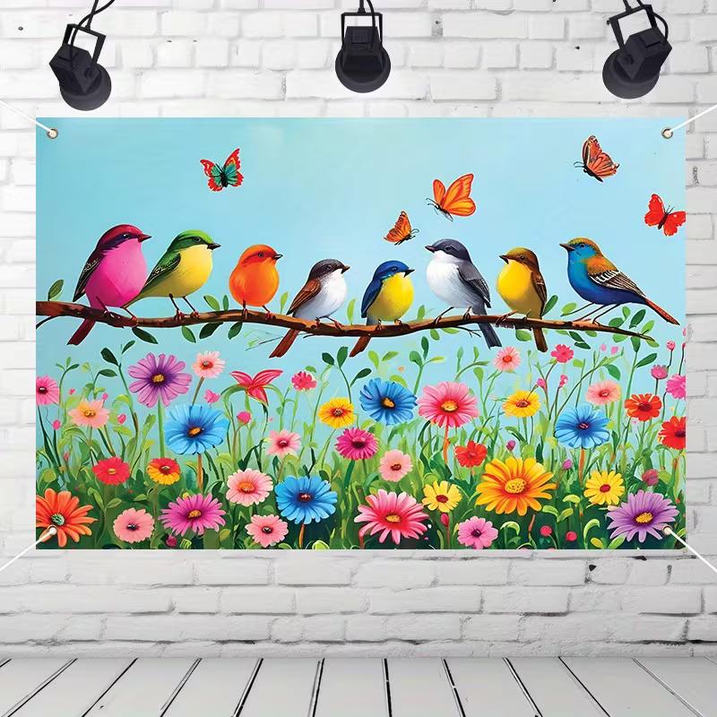 2D Spring Floral Garden with Birds and Butterflies Backdrop Photography Background Banner