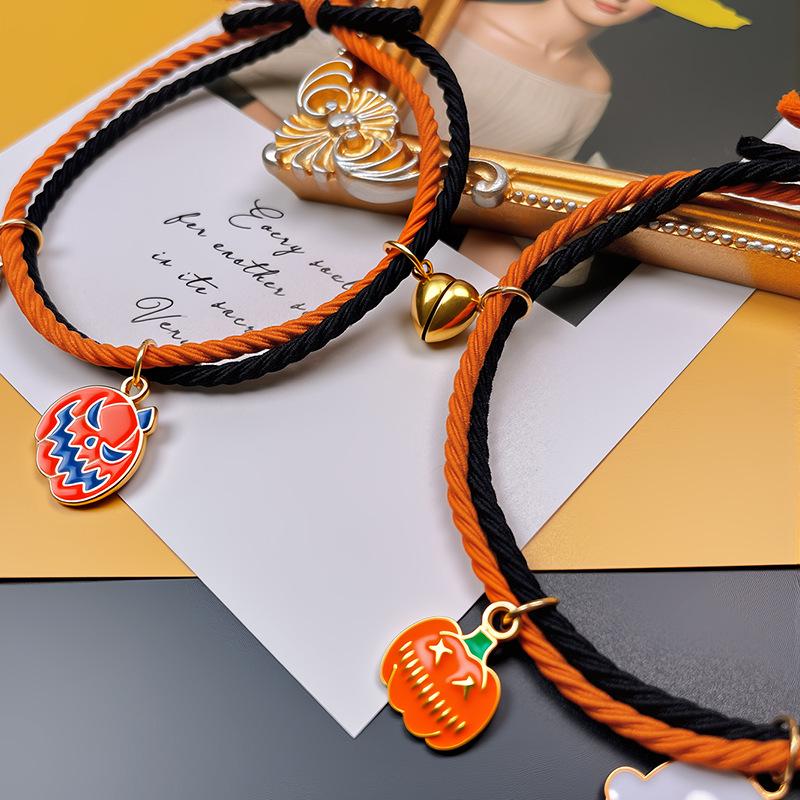 European & American Pumpkin Ghost Magnetic Couple Bracelet Set - Handmade, Adjustable, Elastic, Simple Halloween Design