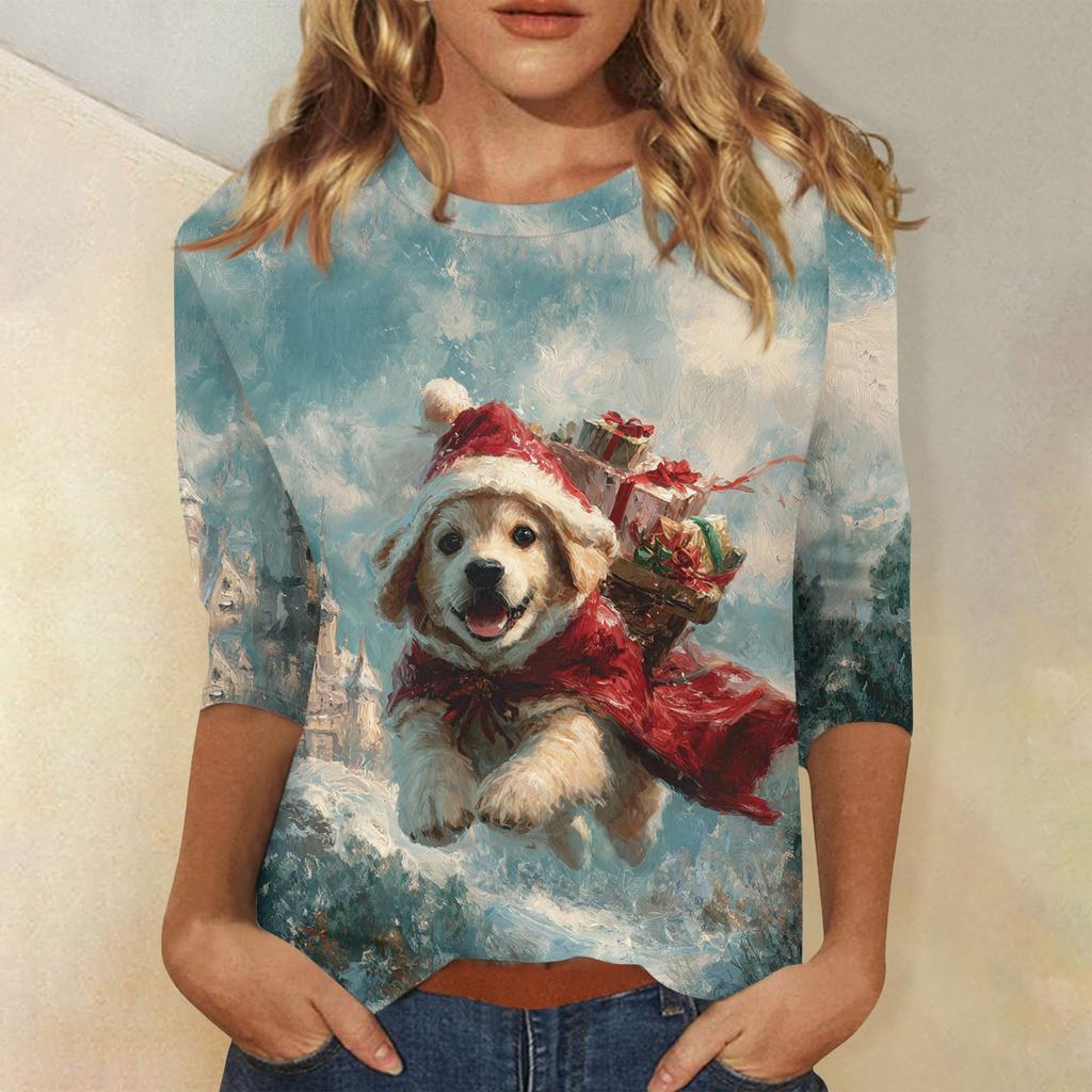 3/4 Sleeve Shirts For Women Print Christmas Tees Blouses Casual Plus Size Basic Tops Pullover