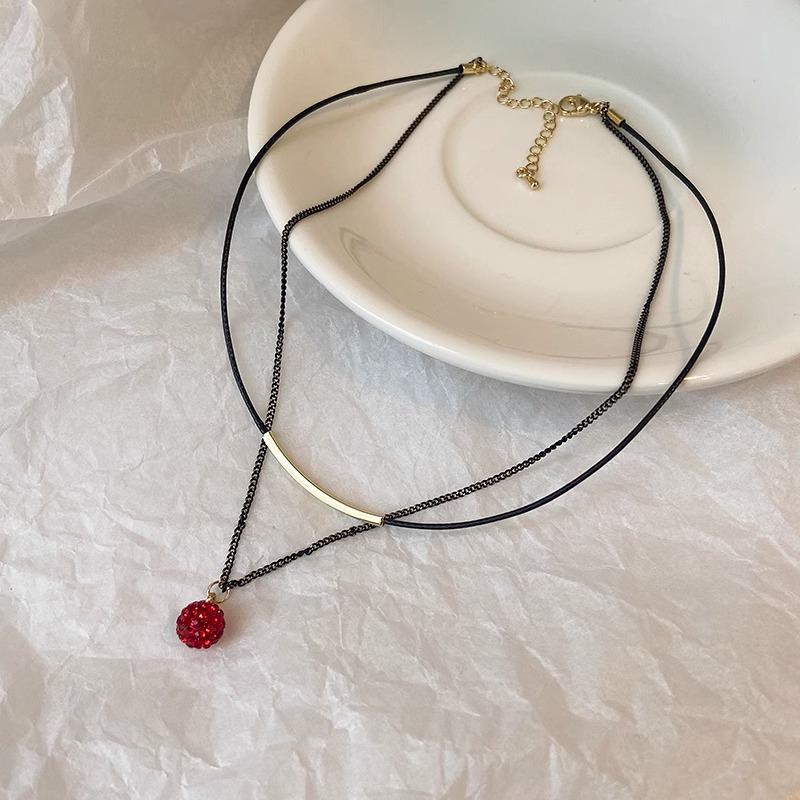 Black Double Leather Crystal Clavicle Necklace - European & American Style.