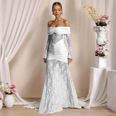 Dámské maxi šaty s odhalenými rameny a dlouhým rukávem, květinová krajka, průsvitná síťovina, řasené bodycon šaty, sexy formální večerní párty, svatební host