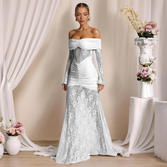 Dámské maxi šaty s odhalenými rameny a dlouhým rukávem, květinová krajka, průsvitná síťovina, řasené bodycon šaty, sexy formální večerní párty, svatební host