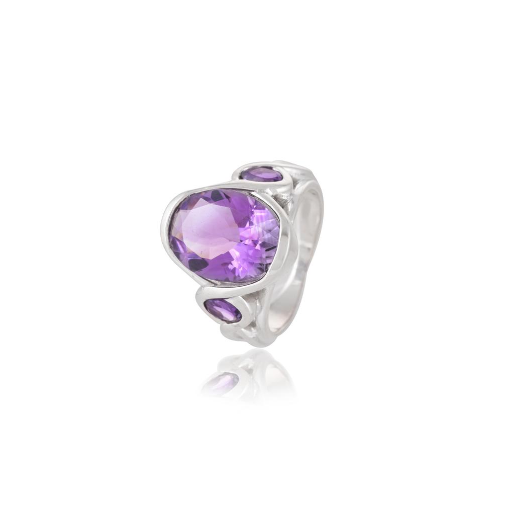 Sterling Silver Amethyst Ring - Oval Purple Gemstone Statement Ring with Accent Stone - Women's February Birthstone Jewelry