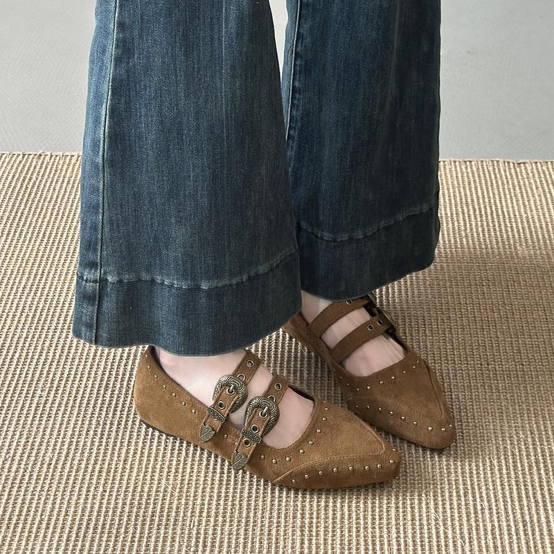Fashion New Style Women's Fashion Shoes Flats Leather Rhinestone Ballet Shoes for Women Flat Straight Strap Retro Mary Jane Single Shoes