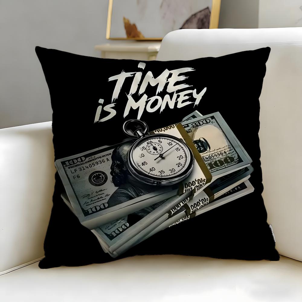 classic theme Time is Money Cushion Cover Soft  EasyWash Pillow Case  Versatile for Couch Bed Travel and Office
