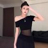 Fashion personality slanted shoulder gauze design irregular hem short-sleeved T-shirt women's pure desire sexy slim slim top
