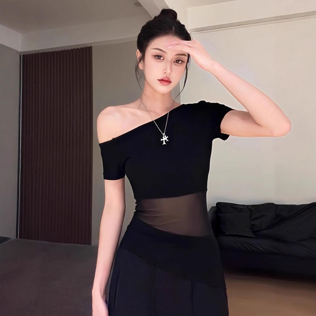 Fashion personality slanted shoulder gauze design irregular hem short-sleeved T-shirt women's pure desire sexy slim slim top