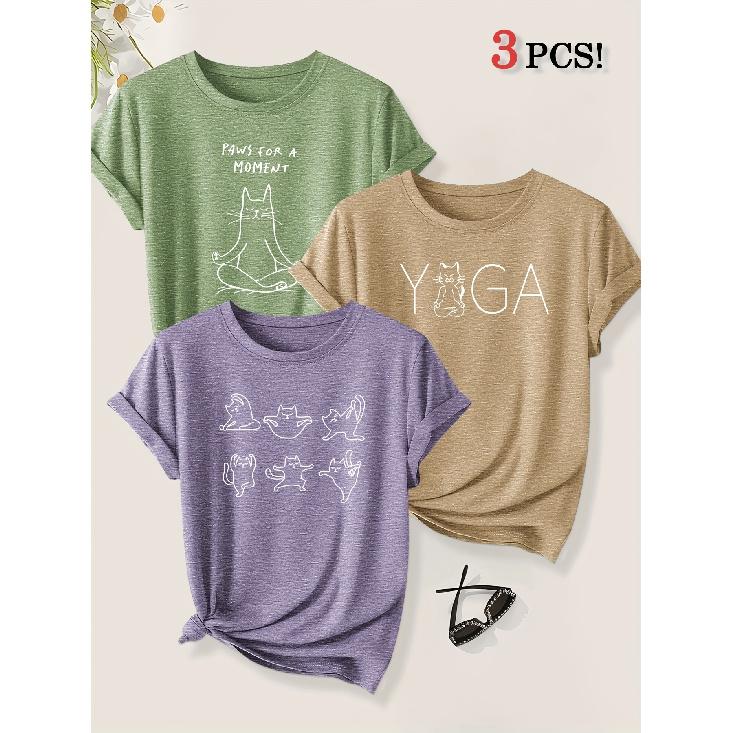 3 Pack Yoga Master Cat Fun Animal Print Women Loose Short Sleeve T Shirts Summer Autumn Leisure Fashion Tops
