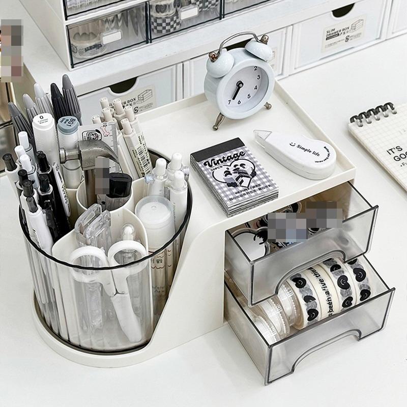 2-In-1 Rotating Pen Holder Rotating Desktop Organizer Storage Box With Drawer Plastic Pen Holder Cosmetic Storage Box