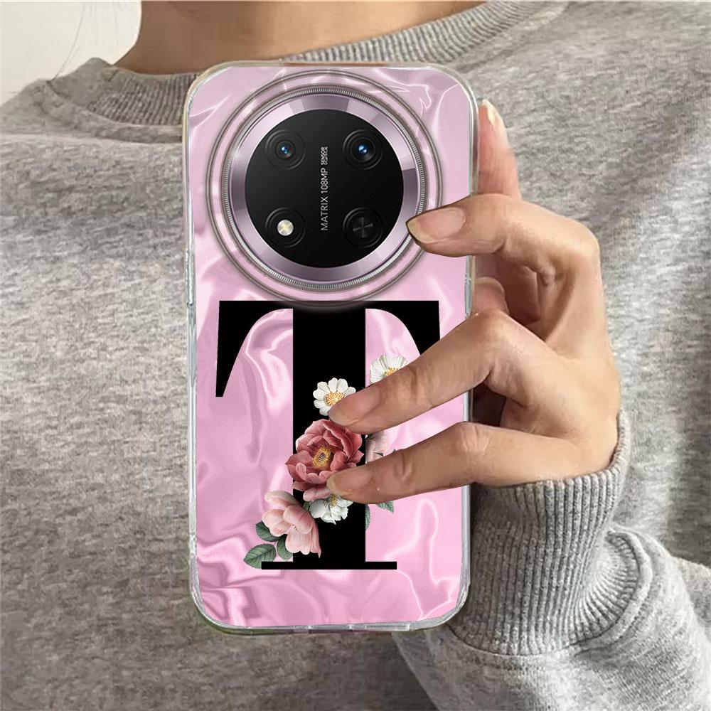 A-Z Black Letter Peony Flower  Shockproof Phone Case For Honor X9a X9b X9c Magic 6 7 5 Lite Silicone Couple Fundas Back Cover