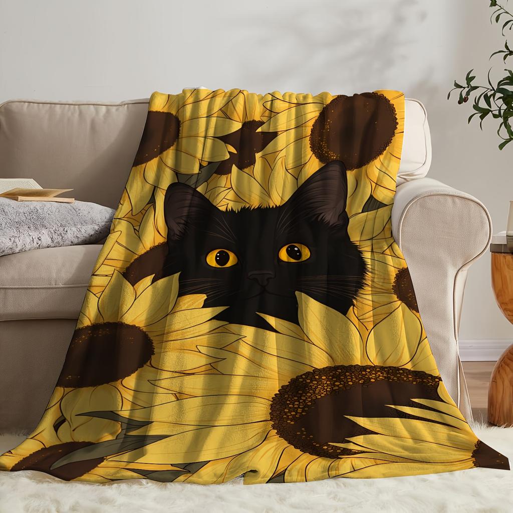 1pc Printed Black Cat and Sunflower Pattern Blanket, Polyester Fabric, Machine Washable, Suitable for Bedroom and Living Room