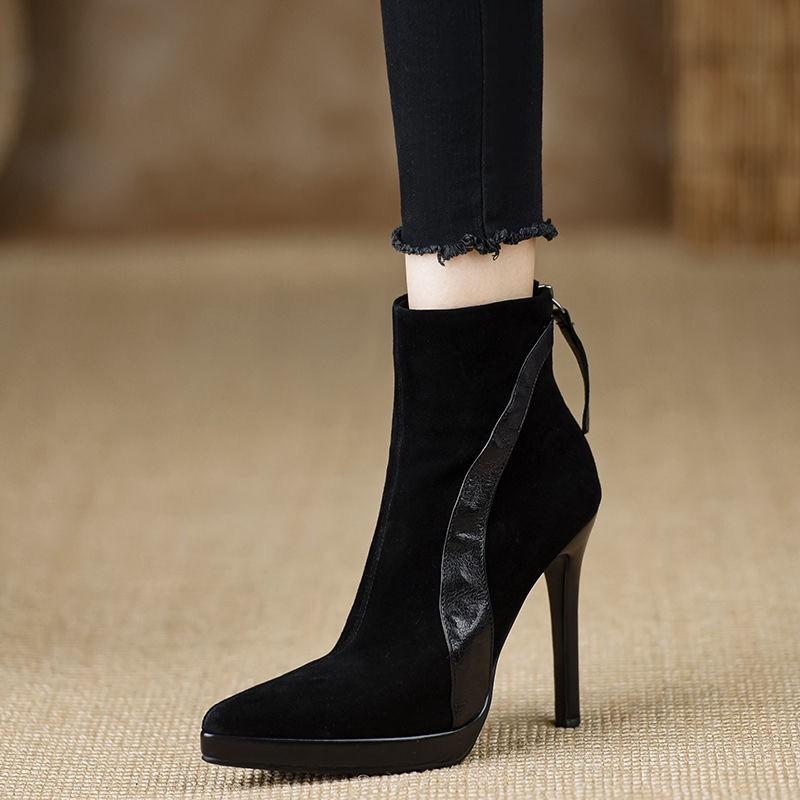 Móda 2024 Nové Podzim Zima Nové Dámské Kotníkové Boty Kůže Zadní Zip Tenký Vysoký Podpatek Boty Dámské Sexy Černé Krátké Boty