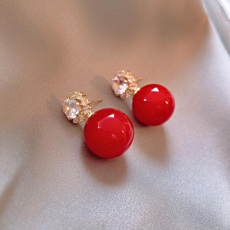 Flower Zircon Round Red Pearl Earrings for Women Light Luxury Temperament Red Stud Earrings Sweet Simple Zircon for Women