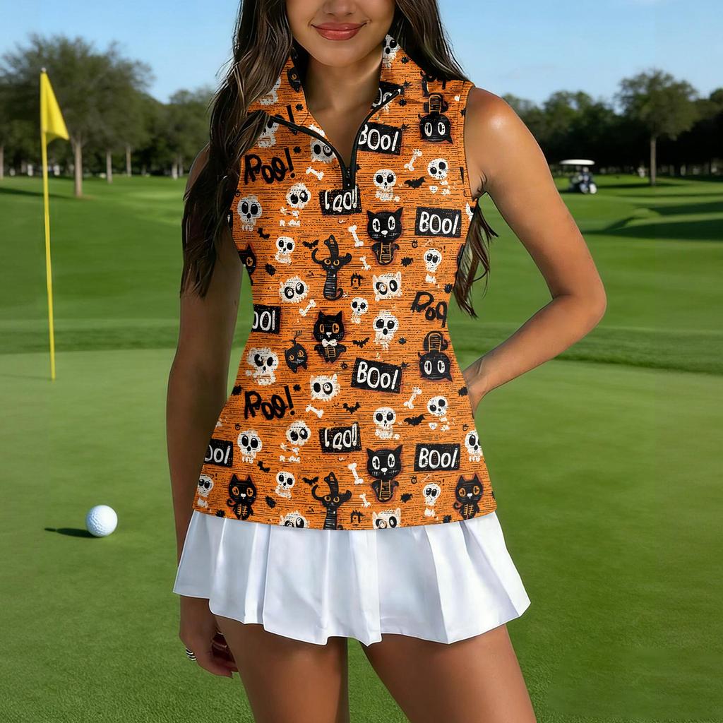 Women's Sleeveless Golf Shirt with Collar and Zipper , Halloween Print , for Casual Golf and Sport