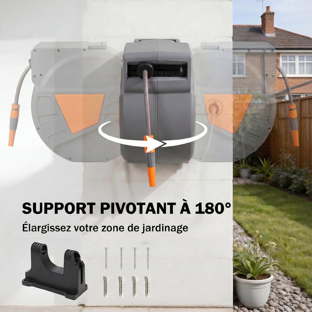 Garden Hose Reel, Wall-Mounted, 40+2 m x 15 mm, Automatic Retractable, 180 Swivel, Orange