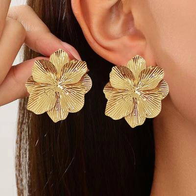 Personalized Design Sense Metal Texture Double Flower Stud Earrings Women's Versatile High-end Accessories Earrings