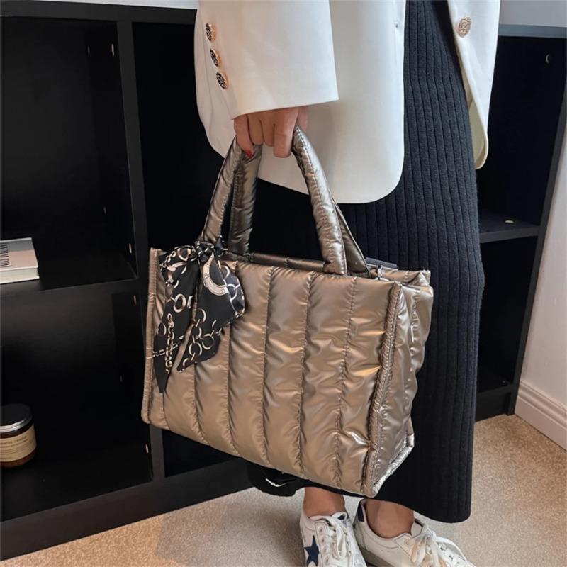 Elegant Women's Totes Bags with Silk Scarf Accent Winter Quilted Crossbody Bags for Women Casual Solid Color Padded Shoulder Bag