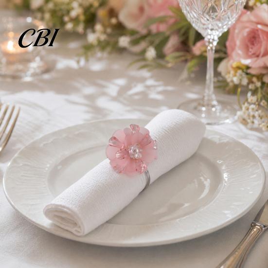 Reusable Napkin Holders 6Pcs Pink Flower Rings, Acrylic Holders, Elastic Rings Elegant Dinner for Wedding Bridal Shower Hotel Banquet Table