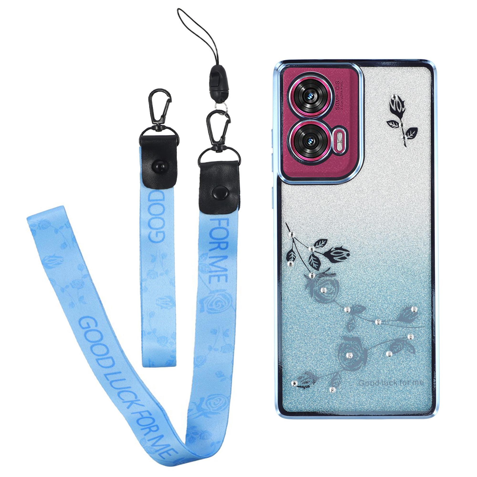 

Чехол KADEM для Motorola Edge 50 Fusion 5G из ТПУ с цветочным блеском и шнурком Blue