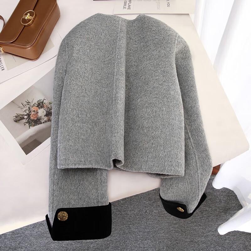 Damen Rundhals Doppelgesichtige Wollmischjacke