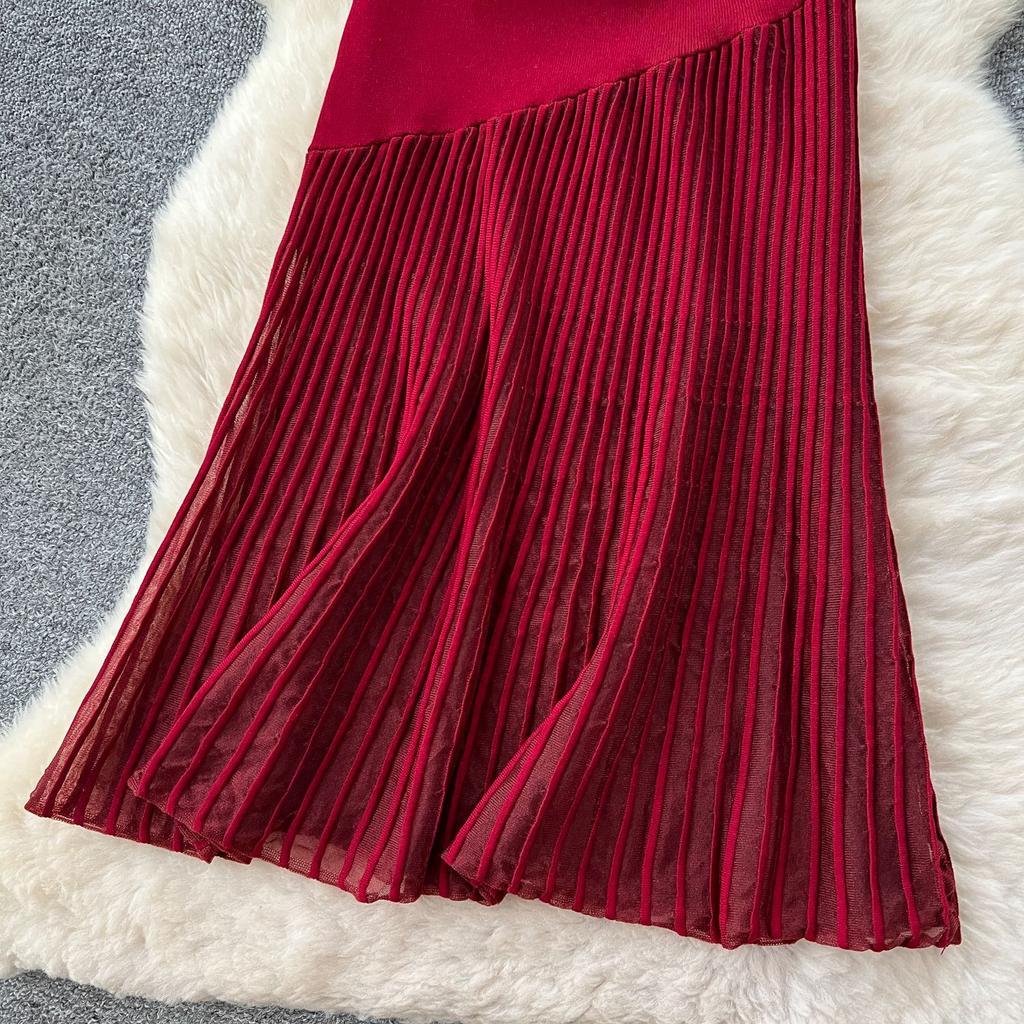 High-end Knitted Splicing Irregular Mesh Dress Women's Summer French Waist and Thin Temperament Sleeveless Long Dress