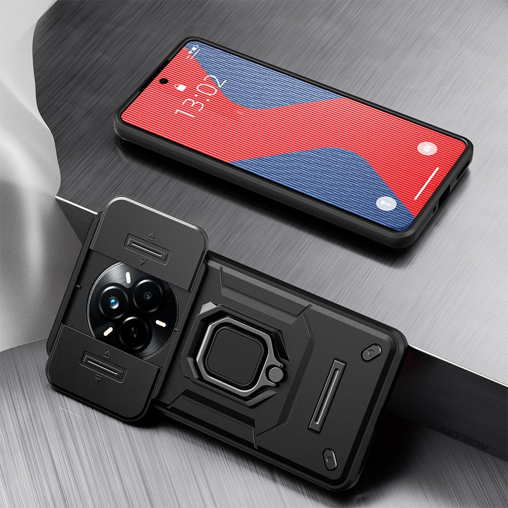 KEYSION Stoßfeste Hülle für Realme 14 Pro+5G Schiebekamera-Schutz Metallring-Ständer Handy-Rückabdeckung für OPPO Realme 14 Pro 5G