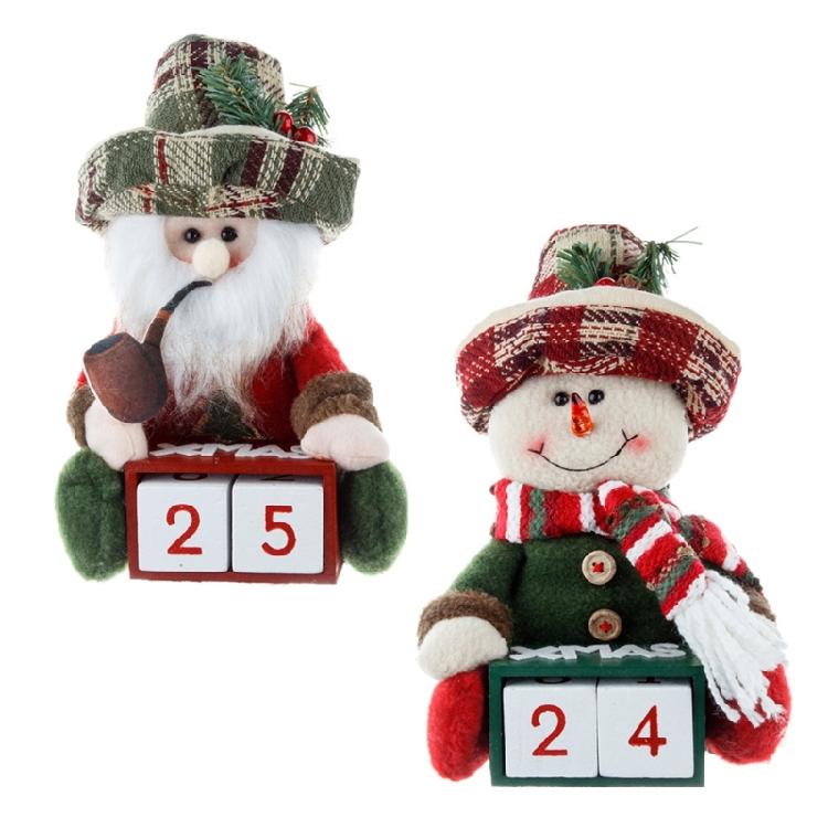 Santa and Snowman Plush Figurine Wood Christmas Count Down Calendar with Number Square Farmhouses Tabletop Ornament Gift