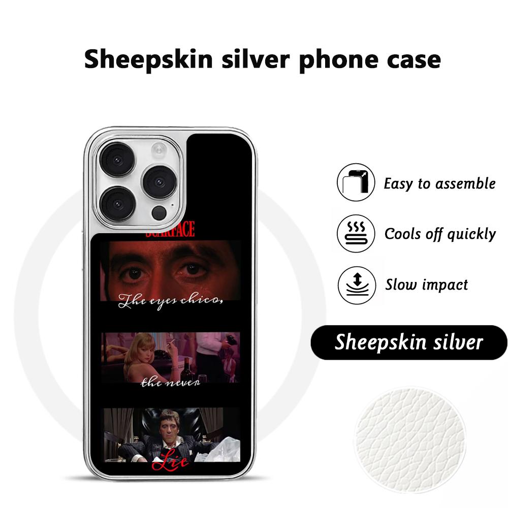 Tonny Montana Scarface Classic Poster Phone Case for iPhone 16 15 14 13 12 11 Pro Max Sheepskin Silver-edged Protective Case