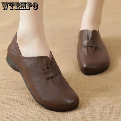 Runde Zehenpartie, flache Sohle, Lederschuhe, künstliches weiches Leder, Damen-Bohnenschuhe, flacher Mund, Slip-on, einfaches Freizeit-Pendeln, Frühling, Herbst