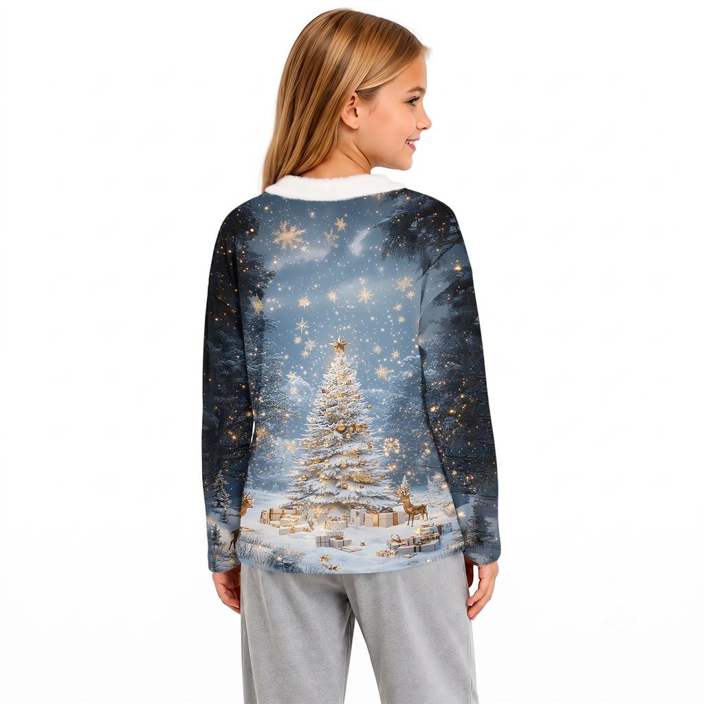 Girls' Winter V-Neck Christmas Print Base Layer Top