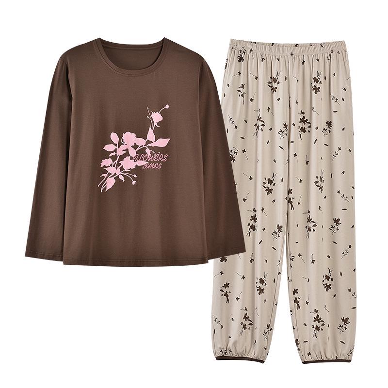 Women's Long Sleeve, Long Pants Pajama Set - Round Neck, Lycra Cotton, Lightweight, Simple Style, Autumn Homewear, Two-Piece Set