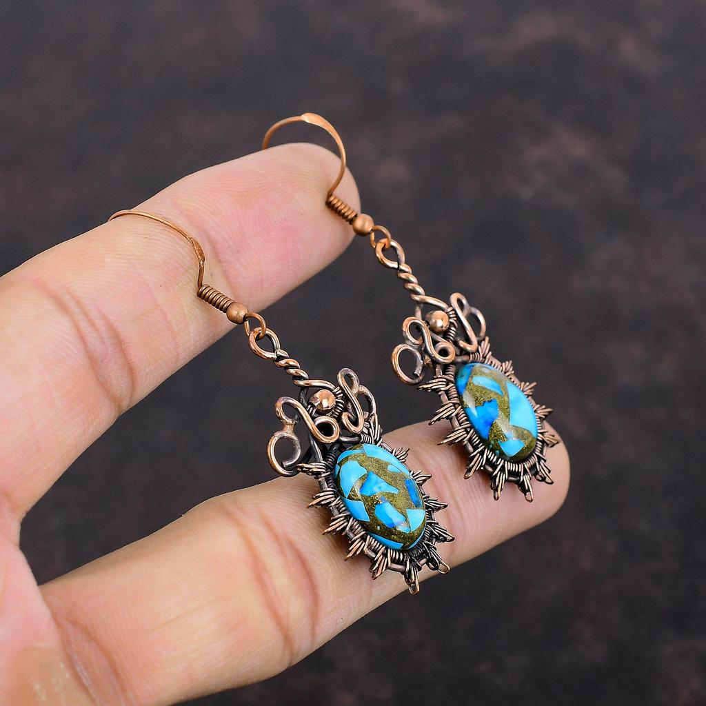 Brinco de cobre azul turquesa Brinco de fio de cobre enrolado Brincos de pedras preciosas reais Joias de cobre Brinco feito à mão Joias de fio enrolado para presente