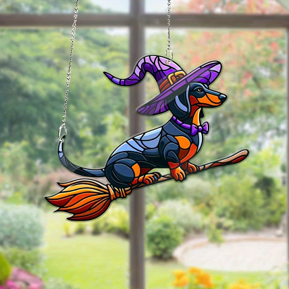 

Halloween Sausage Dog Witch Ornament. Acrylic window decor for dog lovers. чистый