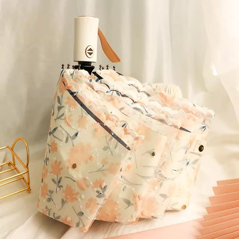 Double Layered Mini Five Fold Umbrella Embroidered with Flowers Black Glue Sun Protection UV Protection Rain Sunny Dual-purpose Sun Umbrella