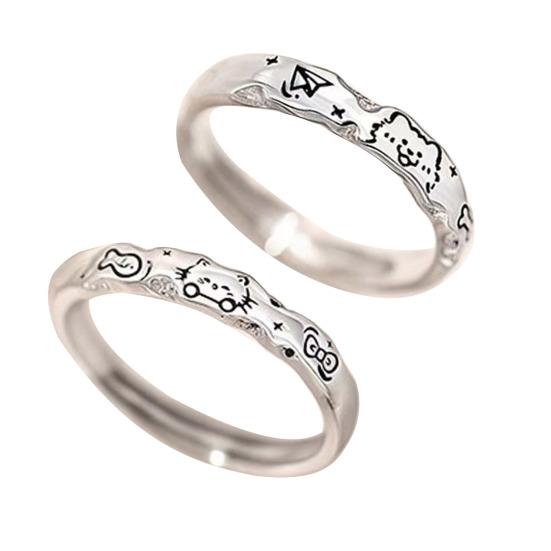 Couple Ring Cartoon Cat Fish Dog Bone Graffiti Design Matte Wavy Edge Textured Surface Finger Ring Non-Oxidizing Jewelry Gift