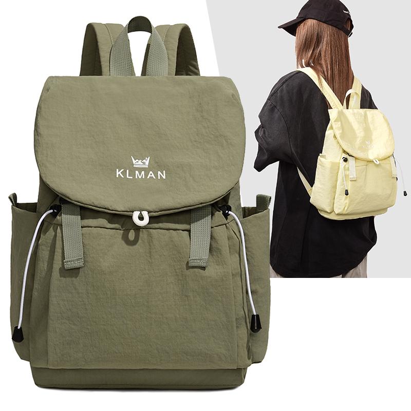 Solid Black Flap Backpack with Drawstring Closure Side Pockets Adjustable Straps Casual Travel Daypack