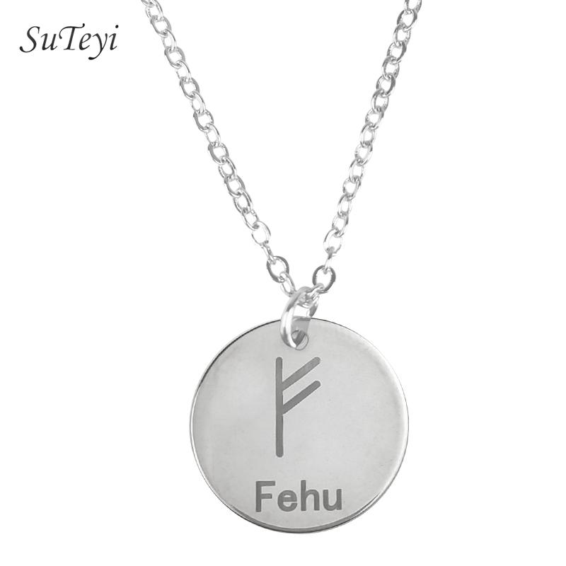 Round 25 Rune Letter Pendant Necklace Silver Color Stainless Steel Disc Viking Necklaces For Women Men