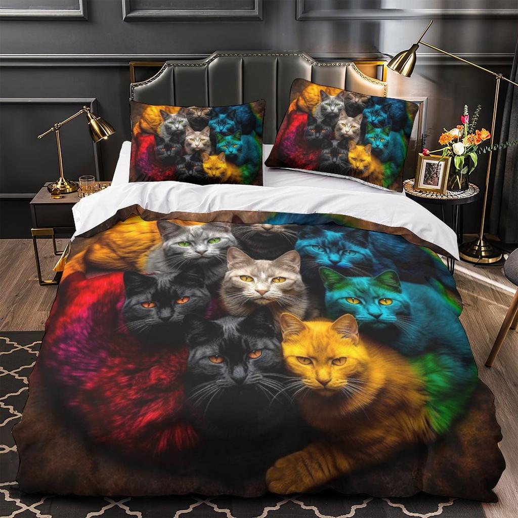 3D Digital Printing Color Cat Series Quilt Cover Pillowcase Two Or Three-Piece Set Polyester Abraded