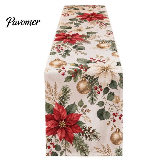 Holiday Table Linen Christmas Flower Runner, Holly Berries Dining Decor, Poinsettia Gingerbread Gift for Friends Man Festive Runner Party Decor Indoor