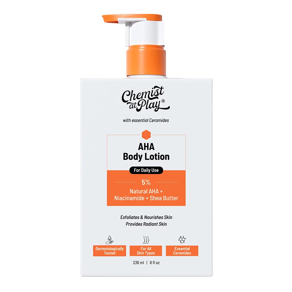 Chemist At Play AHA Körperlotion Für Trockene Haut Peeling Feuchtigkeitscreme Für Glatte Textur Glow Pflege 236 ml Packung mit 1