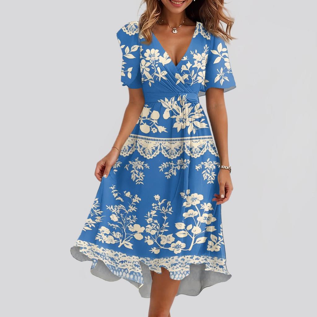 Women's Loose Casual  V-Neck Flared Skirt Short Sleeved Printed Dress Printed Dress