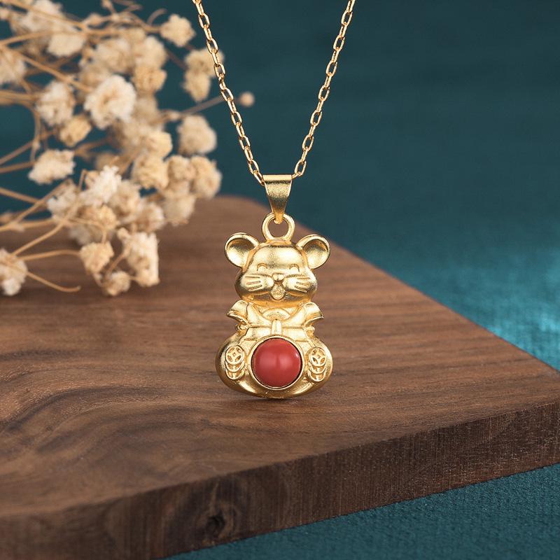 

2022 Year of the Tiger Zodiac Gold-Plated Pendant Necklace with Imitation Red Agate