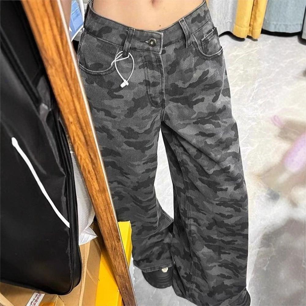 Large Size High Street Camouflage Wide Leg Jeans Female Loose Thin High Waist Trailing Floor Straight Trousers Jeans for Women Long Denim Pants