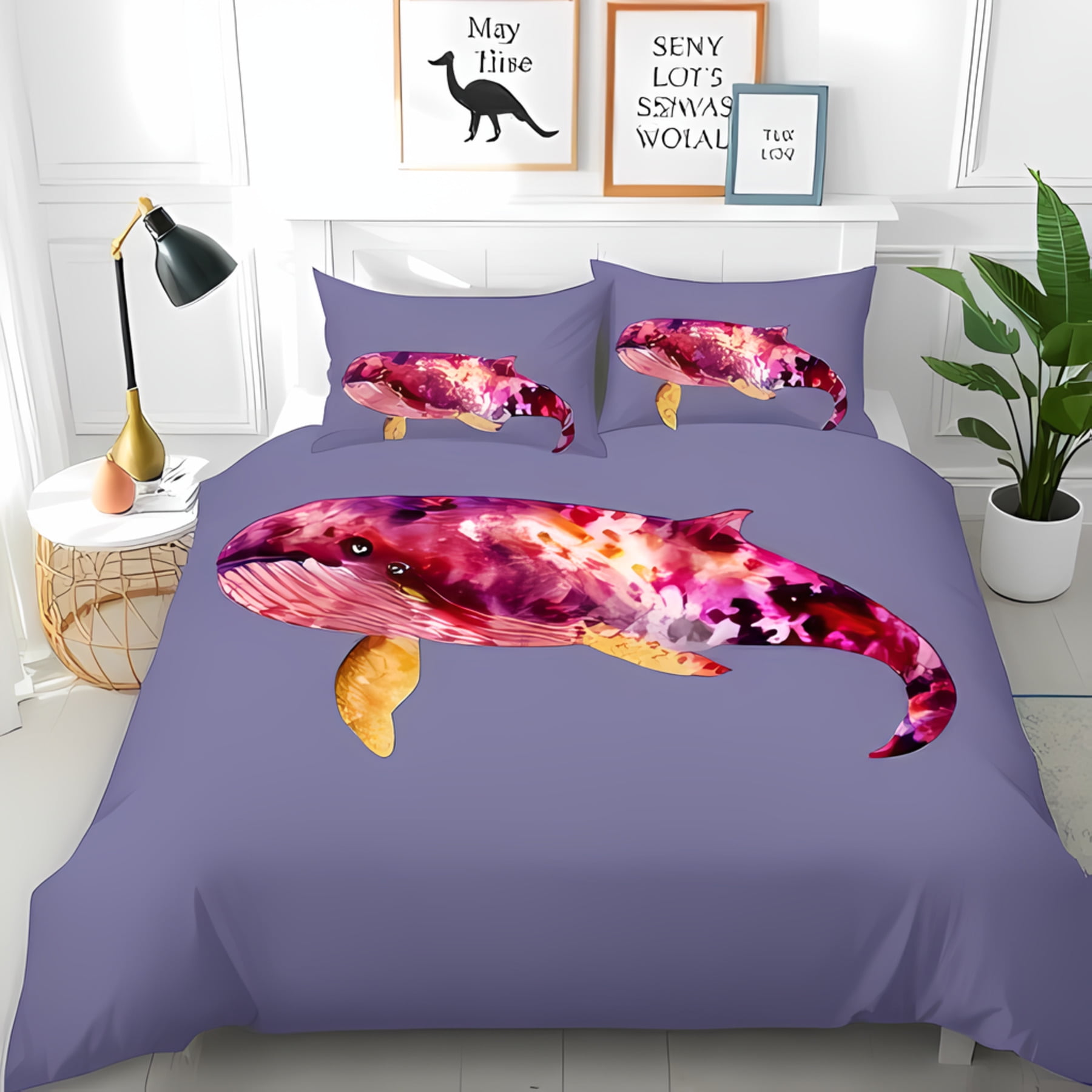 

Vibrant Purple Soft Duvet Cover Set featuring Watercolor Humpback Whale Design for A Stylish Ocean Themed Bedrom Warm Soft plus Breathable 120*200cm Single