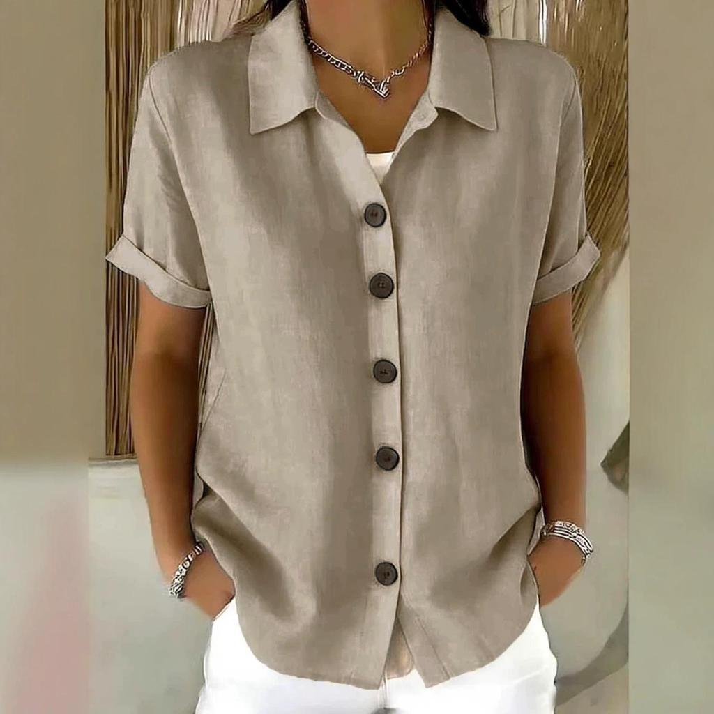 2026 European-American Summer Solid Color Lapel Button Casual Loose Short Sleeve Shirt