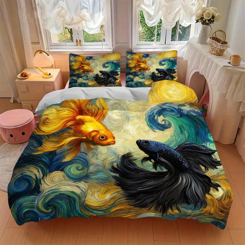 3pcs Animal-themed Goldfish Swirls Soft and Comfortable Breathability, Bedding Set, Machine Washable, Suitable for All Seasons192