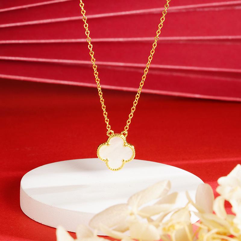 Vietnam Gold-Plated Clover Necklace, Ring & Five-Flower Bracelet Set