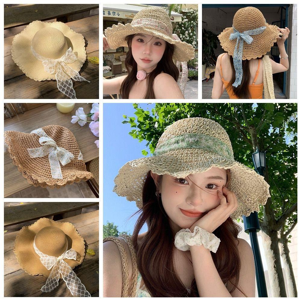 Big Brim Lace Straw Hat Spring Summer Women's Sun Hat Elegant Bow Ribbon Straw Hat  Lady