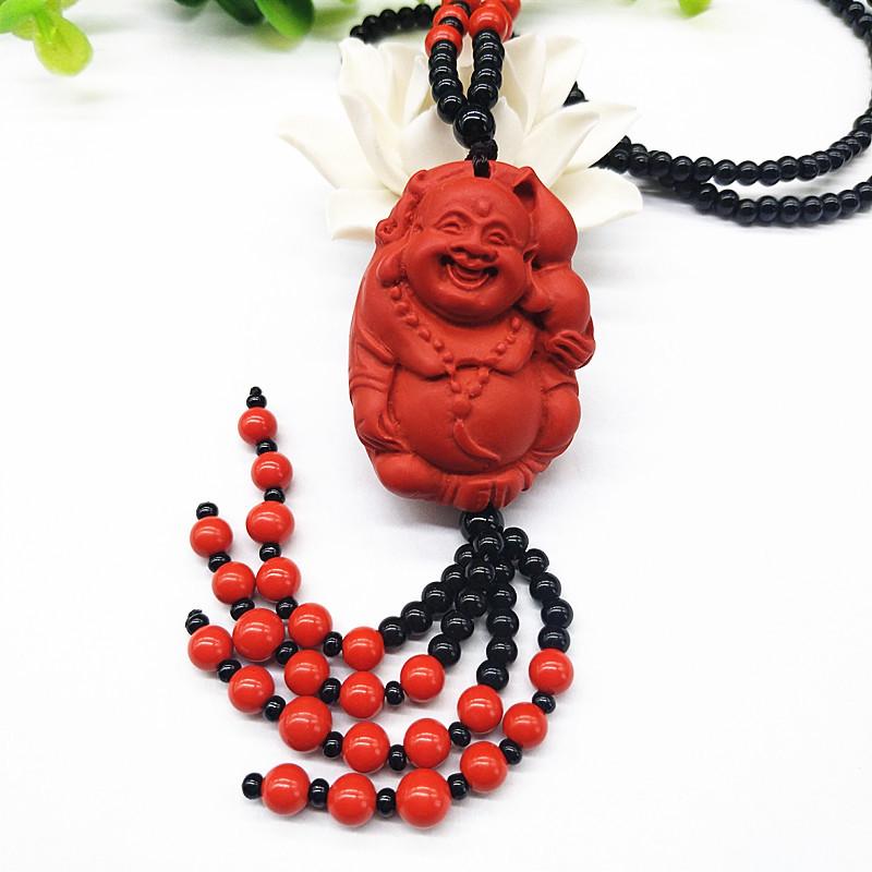 Ethnic Style Unisex Cinnabar Maitreya Buddha Pendant Necklace Polished