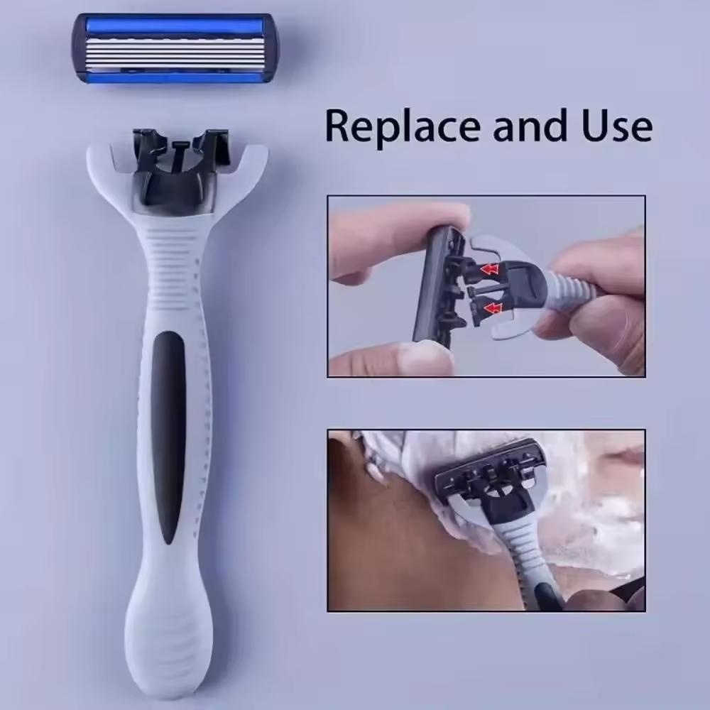 Men's Manual Razor Safety Razor 6 Layer Stainless Steel Depilatory Blade, Replaceable Razor Heads, Shaving Tools
